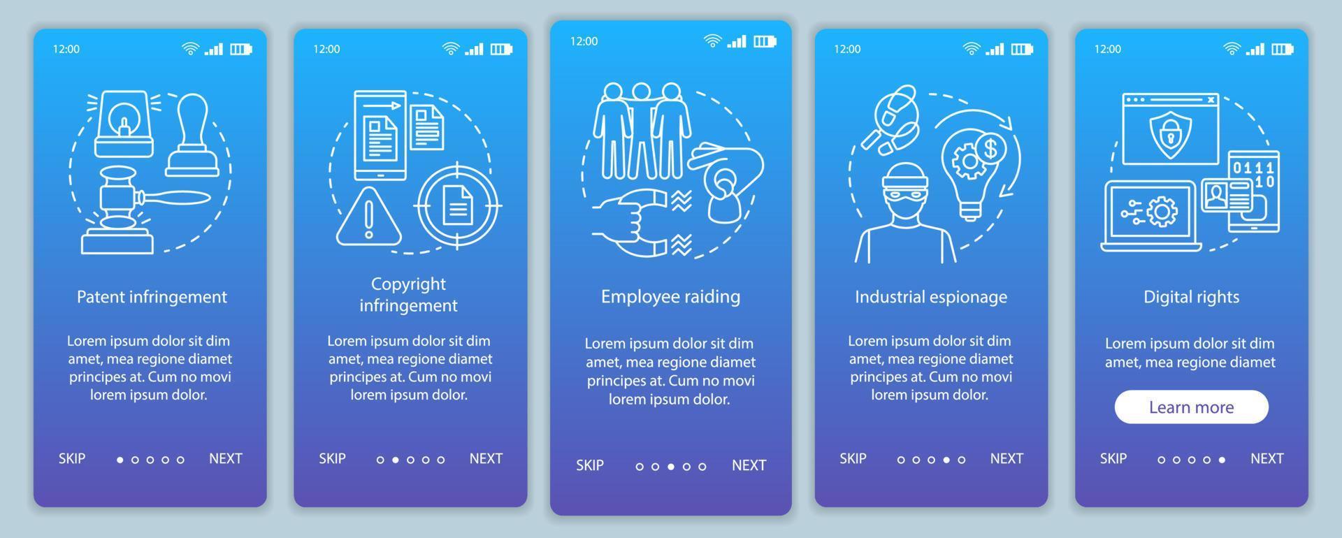 Ethical issues onboarding mobile app page screen vector template. Employee raiding, digital rights. Walkthrough website steps with linear illustrations. UX, UI, GUI smartphone interface concept