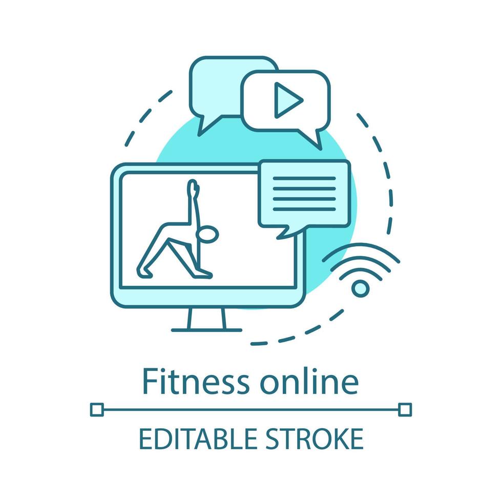 Fitness online concept icon. Exclusive sports training program. Guided workout video. Chat with personal fitness trainer idea thin line illustration. Vector isolated outline drawing. Editable stroke