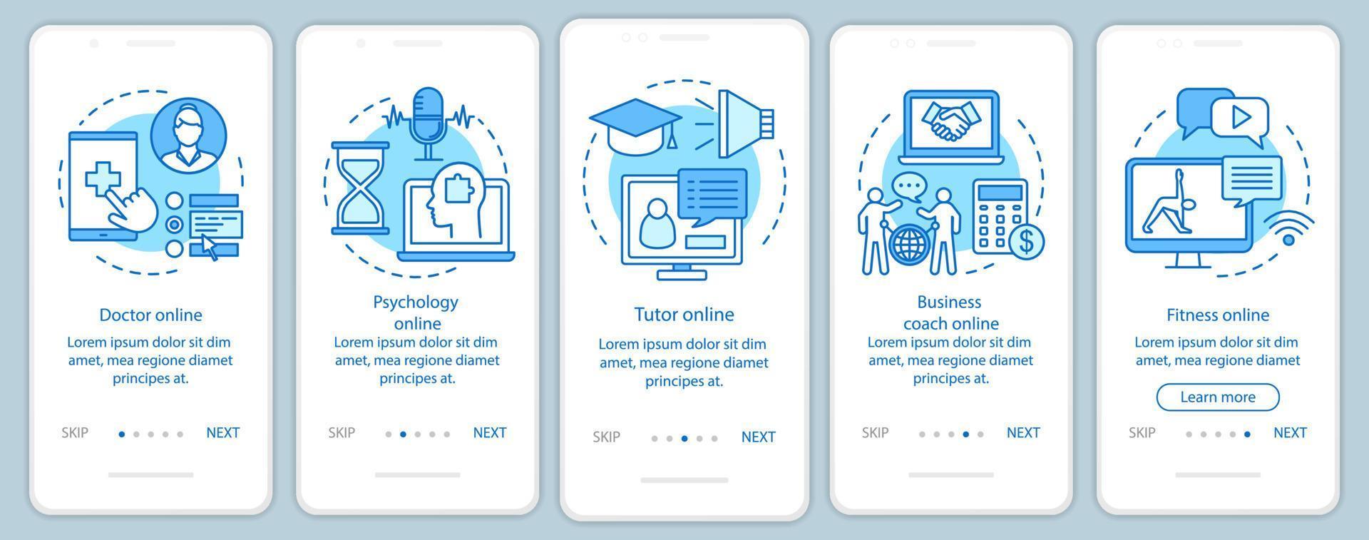 Online support onboarding mobile app page screen with linear concepts. Health, professional, physical help walkthrough steps graphic instructions. UX, UI, GUI vector template with illustrations