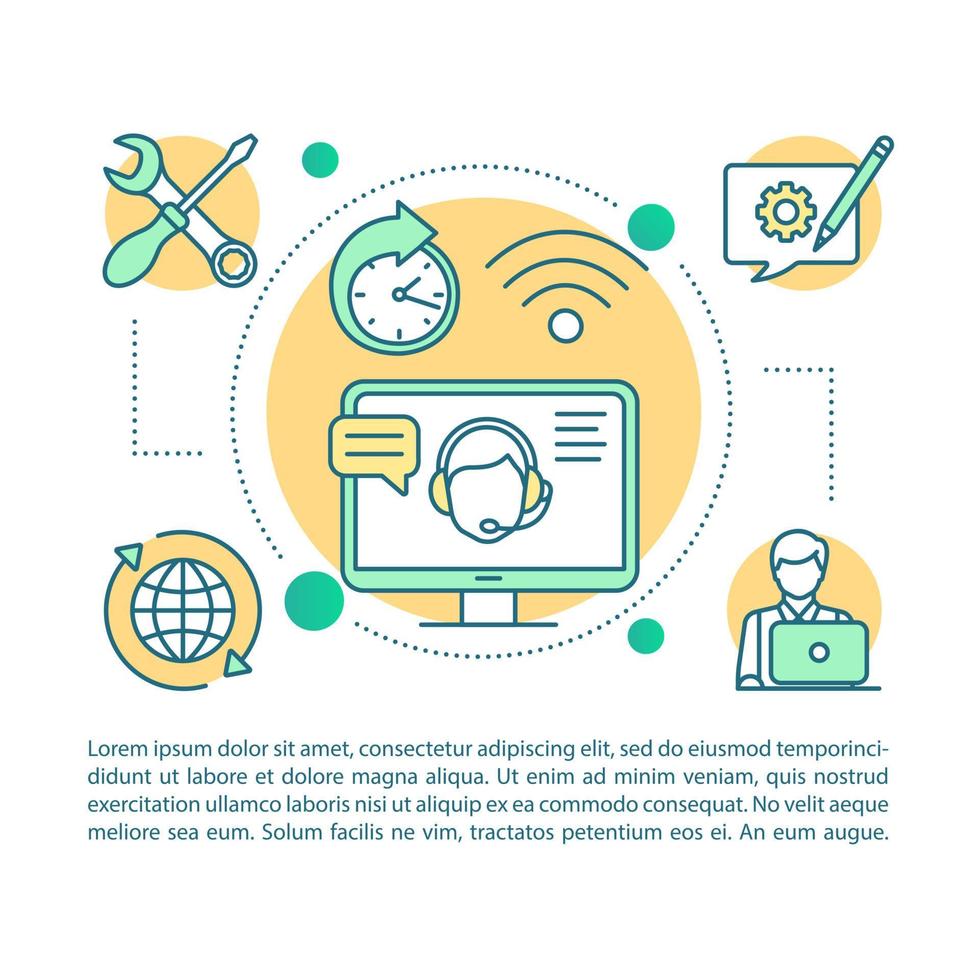 plantilla de vector de página de artículo de soporte técnico. ayuda y asesoramiento en línea. folleto, revista, elemento de diseño de folleto con iconos lineales y cuadros de texto. diseño de impresión. ilustraciones de concepto con espacio de texto