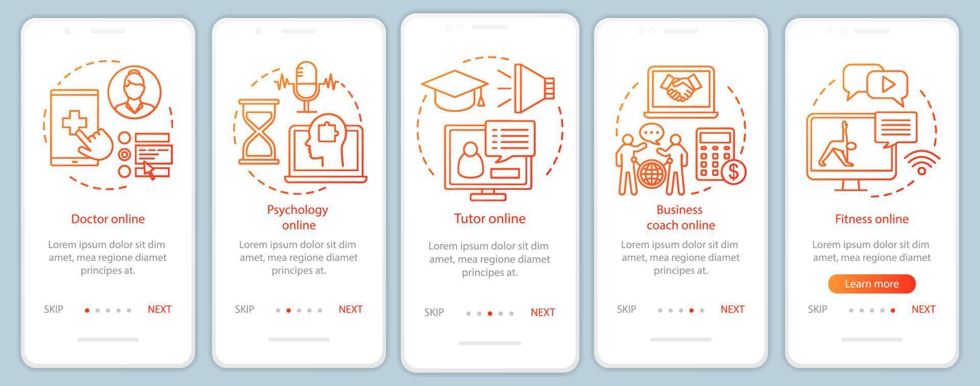 Online services onboarding mobile app page screen with linear concepts. Medical, mental, training, fitness help walkthrough steps graphic instructions. UX, UI, GUI vector template with illustrations