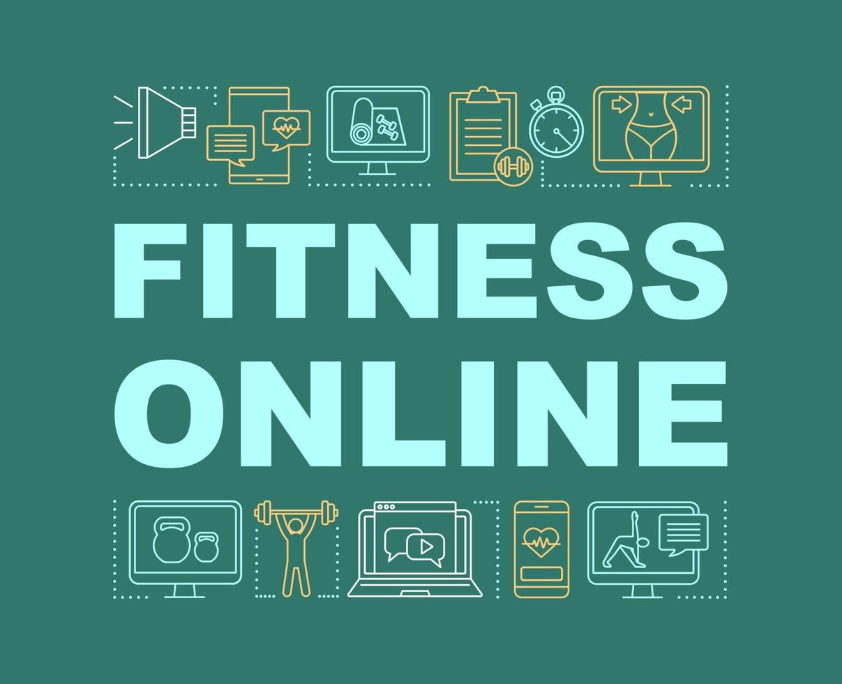 Fitness online word concepts banner. Slimming web resource. Sports application. Presentation, website. Isolated lettering typography idea with linear icons. Vector outline illustration