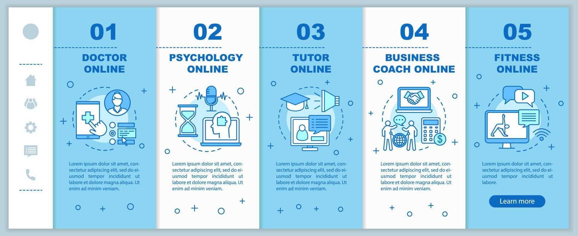 Online services onboarding mobile web pages vector template. Support, consult. Responsive smartphone website interface idea with linear illustrations. Webpage walkthrough step screens. Color concept