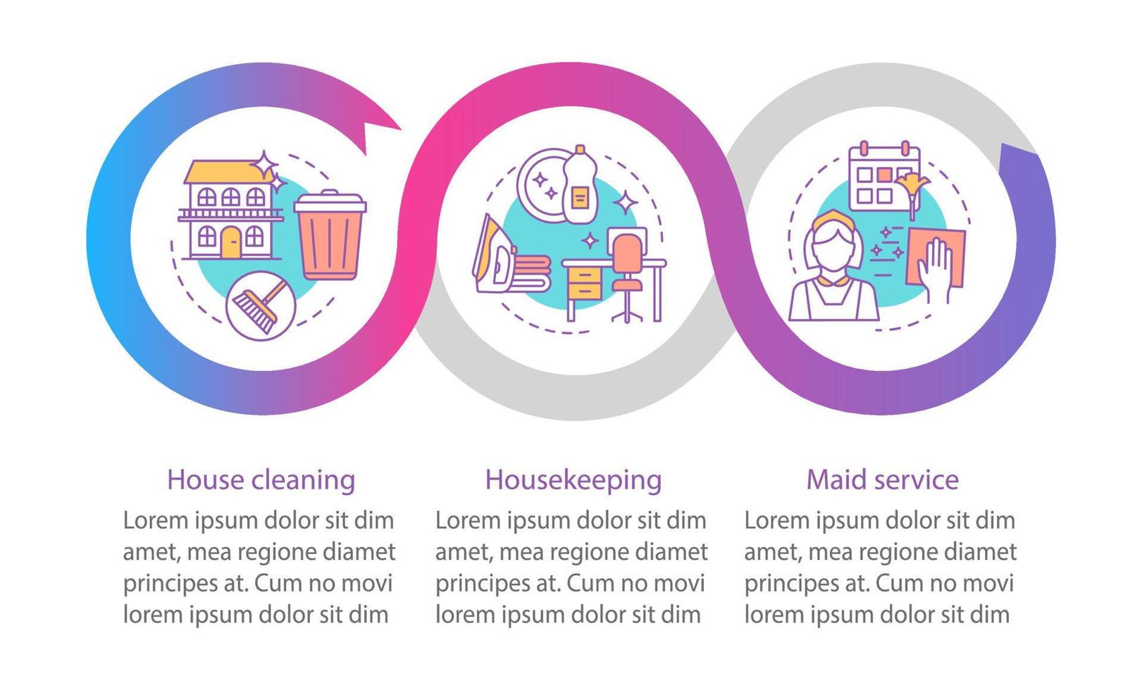 House service vector infographic template. Cleaning. Maid service. Business presentation design elements. Data visualization, three steps, option. Process timeline chart. Workflow layout, linear icons