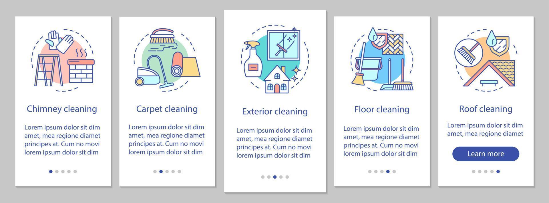 Additional cleaning services onboarding mobile app page screen, linear concepts. Roof, carpet, exterior cleanup. Five walkthrough steps graphic instructions. UX, UI, GUI vector template, illustrations