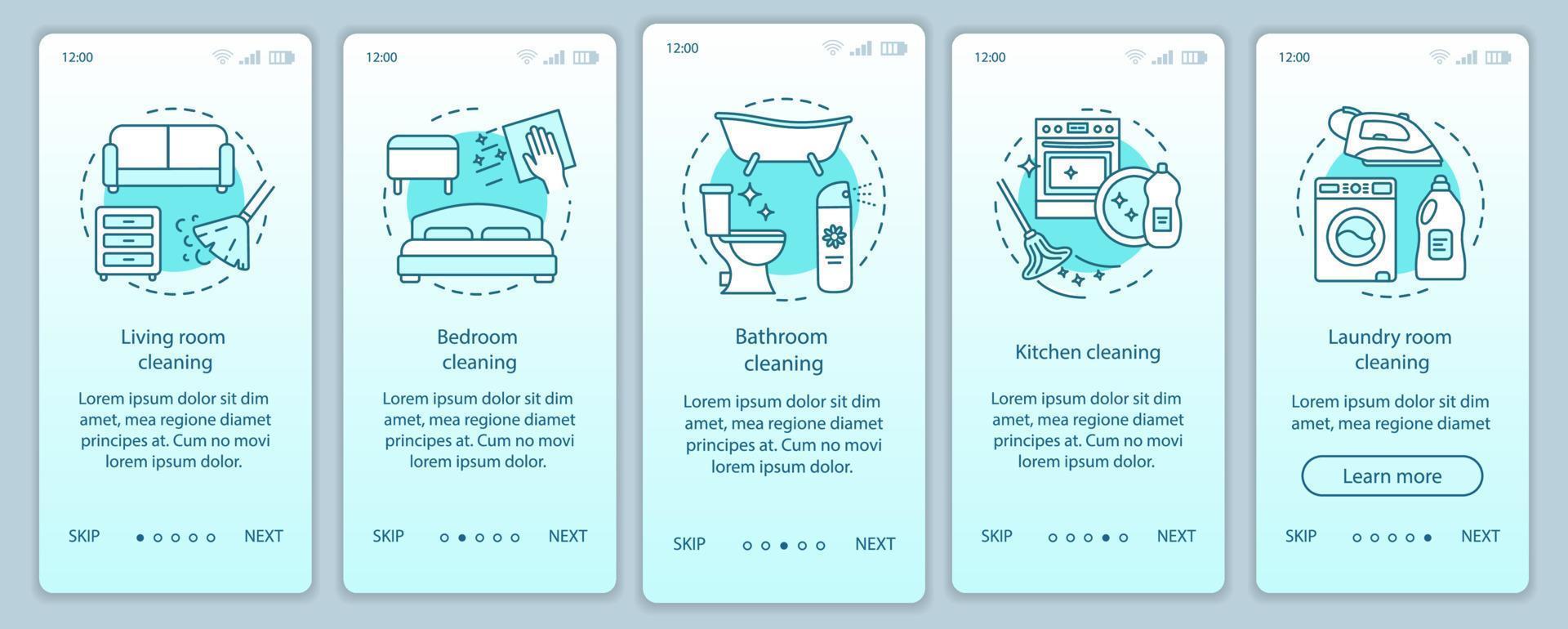 Pantalla de la página de la aplicación móvil de incorporación de limpieza del hogar, conceptos lineales. lavadero, dormitorio, limpieza de cocina. instrucciones gráficas de cinco pasos de tutorial. ux, ui, plantilla de vector de interfaz gráfica de usuario con ilustraciones