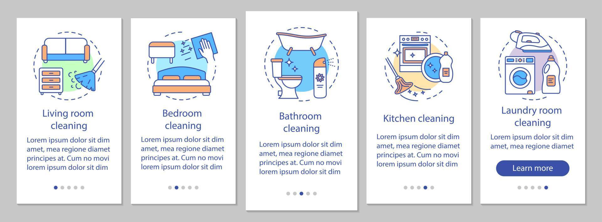Home cleaning onboarding mobile app page screen, linear concepts. Living room, bedroom, bathroom cleanup. Five walkthrough steps graphic instructions. UX, UI, GUI vector template with illustrations
