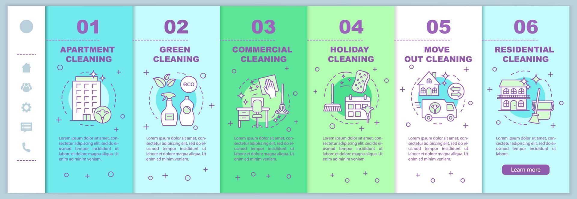 Cleaning services onboarding mobile web pages vector template. Commercial, cleanup. Responsive smartphone website interface idea, linear illustrations. Webpage walkthrough step screens. Color concept