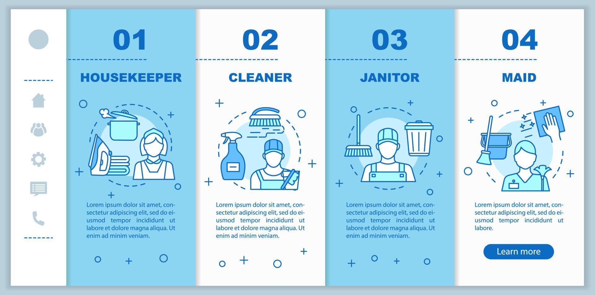 Cleaning agency staff onboarding mobile web pages vector template. Housekeeper, janitor. Responsive smartphone website interface idea, illustration. Webpage walkthrough step screen. Color concept