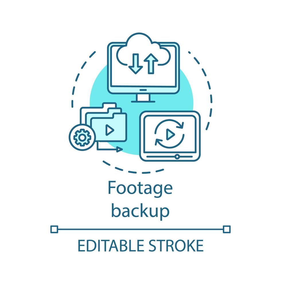 Footage backup concept icon. Data storage idea thin line illustration. Media backup software. Video files copying, synchronization. Footage archiving. Vector isolated outline drawing. Editable stroke