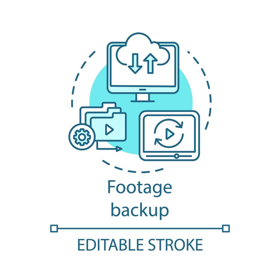 icono de concepto de copia de seguridad de metraje. Ilustración de línea fina de idea de almacenamiento de datos. software de copia de seguridad de medios. copia de archivos de video, sincronización. archivo de metraje. dibujo de contorno aislado vectorial. trazo editable vector