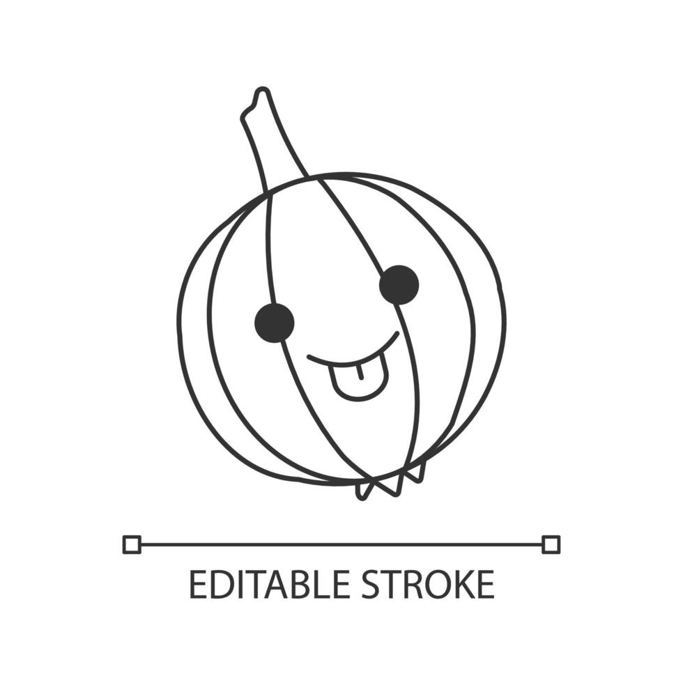 Onion cute kawaii linear character. Happy smiling vegetable. Laughing healthy vegetarian food. Thin line icon. Vector isolated outline illustration. Editable stroke