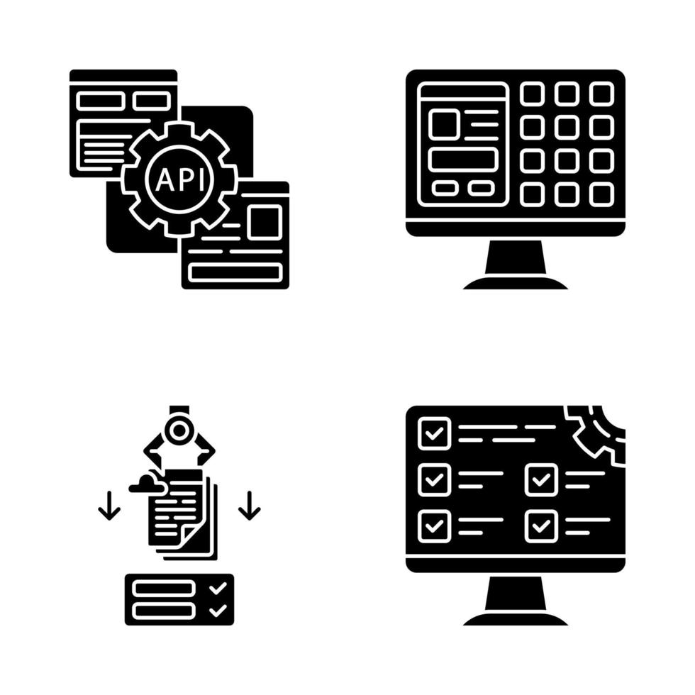 Conjunto de iconos de glifo de rpa. Automatización robótica de procesos. desarrollo de aplicaciones. api, gui, testing, llenado de formularios. robots de software. automatizar los flujos de trabajo. símbolos de silueta. vector ilustración aislada