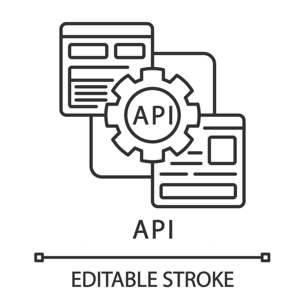 icono lineal de api. Interfaz de programación de aplicaciones. bloques de construcción de software. Automatización robótica de procesos. Ilustración de línea fina. símbolo de contorno. dibujo de contorno aislado vectorial. trazo editable vector