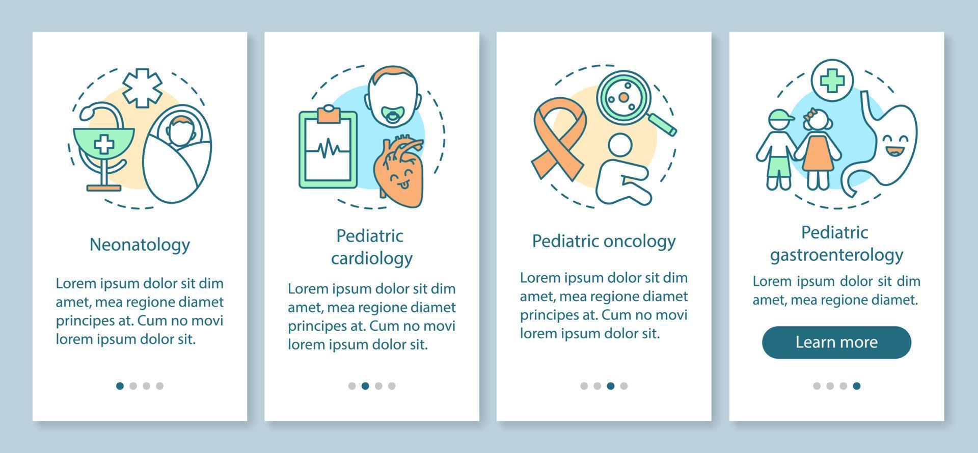 Pediatric services onboarding mobile app page screen with linear concepts. Neonatology, cardiology, gastroenterology walkthrough steps graphic instructions. UX, UI, GUI vector template with icons