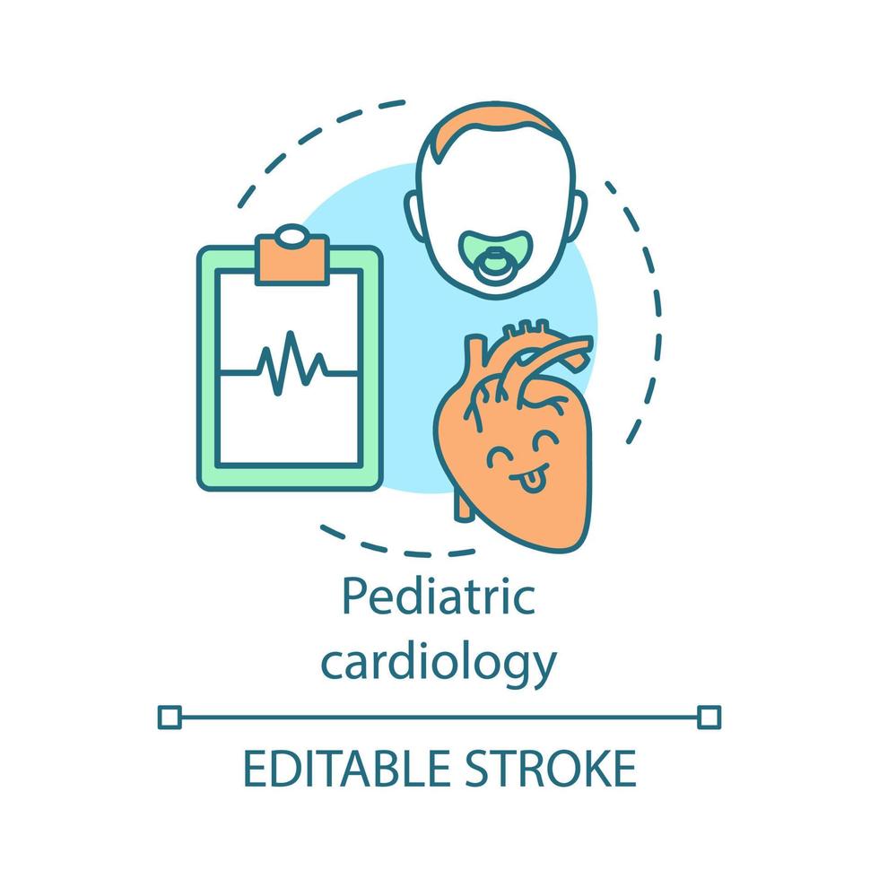 Pediatric cardiology concept icon. Children heart diagnosis. Pulse measurement. Cardiogram. Baby health care center idea thin line illustration. Vector isolated outline drawing. Editable stroke