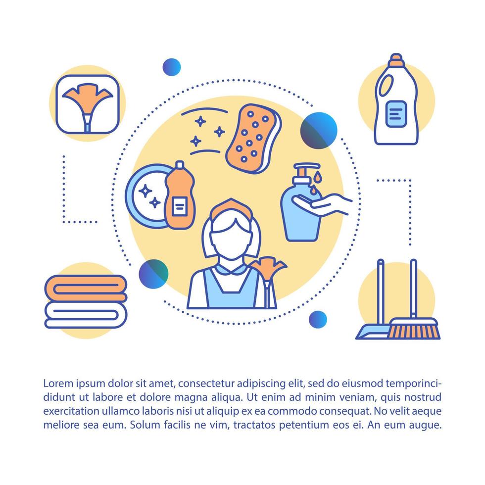 Cleaning article page vector template. Mopping, wiping. Maid service. Brochure, magazine, booklet design element with linear icons and text boxes. Print design. Concept illustrations with text space