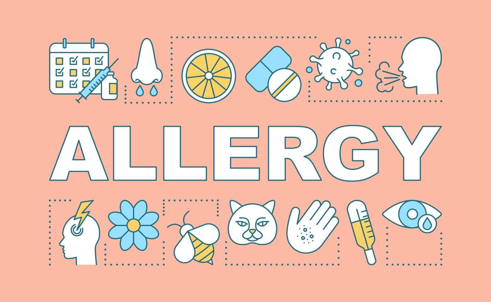 Allergy word concepts banner. Allergens, fever, rhinitis, urticaria, itch, sneezing, cough. Presentation, website. Isolated lettering typography idea with linear icons. Vector outline illustration