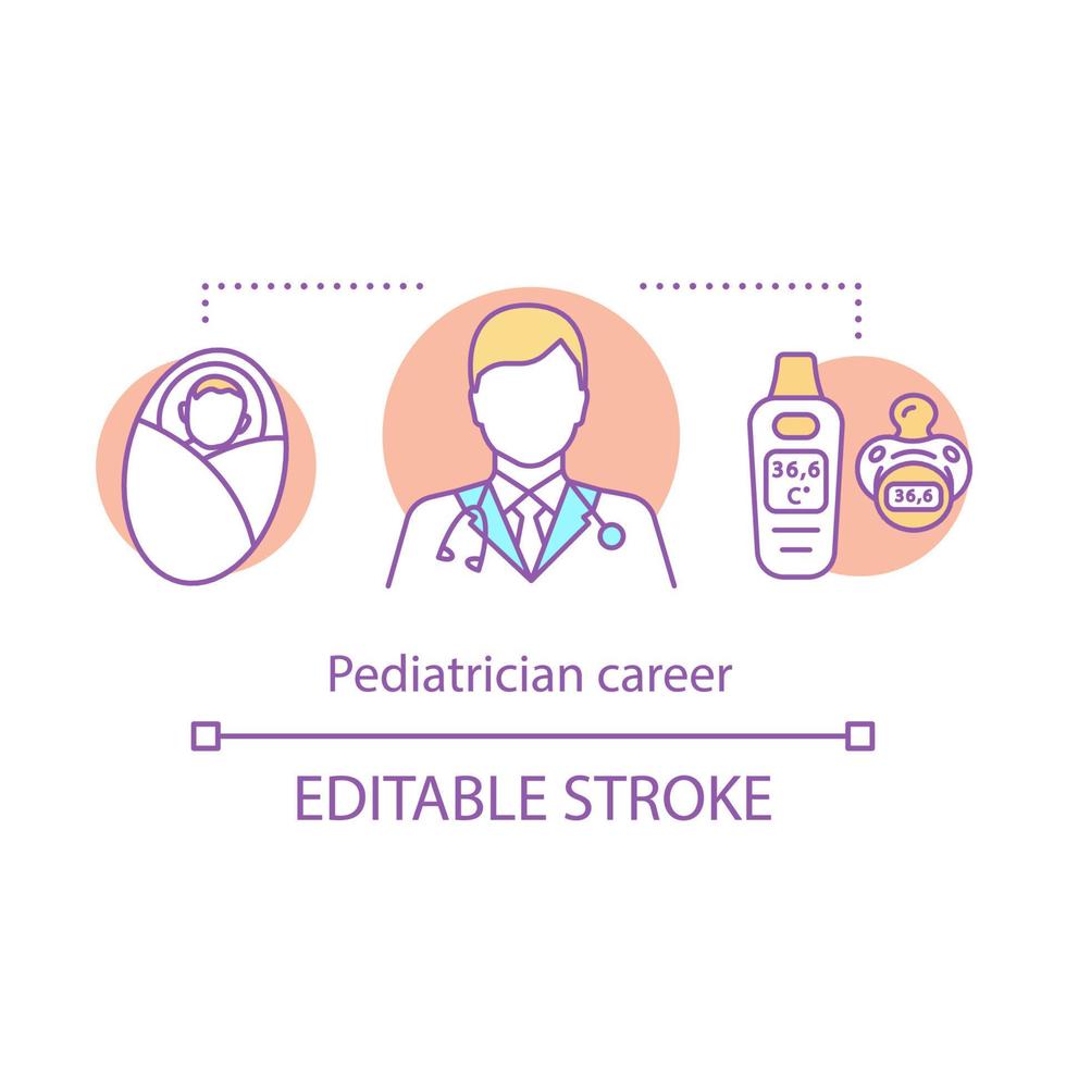 Pediatrician career concept icon. Children specialist. Medical degree course. Professional training. Pediatric doctor idea thin line illustration. Vector isolated outline drawing. Editable stroke