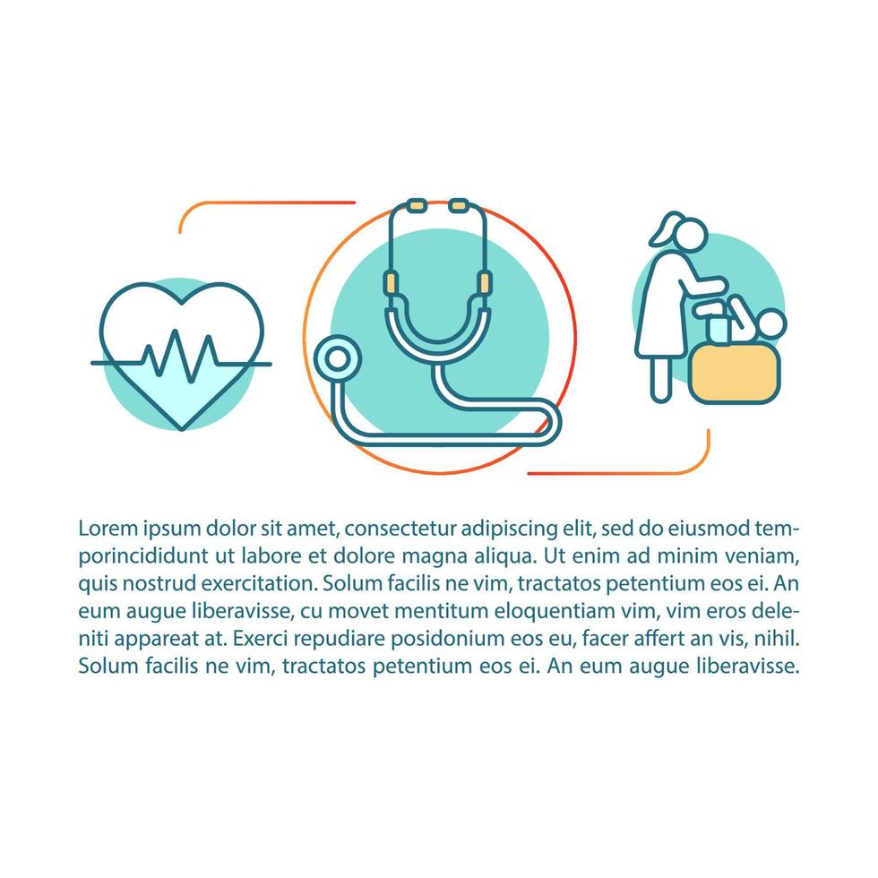 Plantilla de vector de página de artículo de cardiología pediátrica. estetoscopio, cardiograma. folleto, revista, elemento de diseño de folleto con iconos y cuadros de texto. diseño de impresión. ilustraciones de concepto con espacio de texto