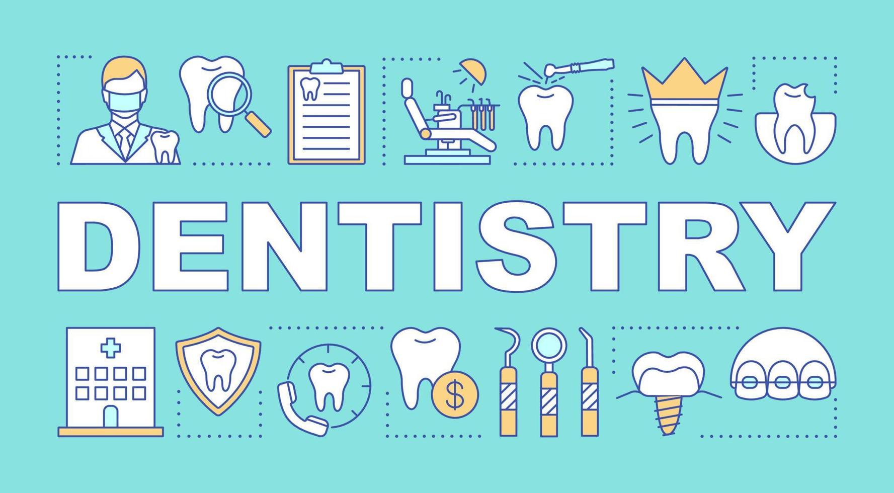 banner de conceptos de palabra de odontología. cuidado dental, prevención de caries, dentista, chequeo, frenillos. presentación, sitio web. idea de tipografía de letras aisladas con iconos lineales. ilustración de contorno vectorial vector