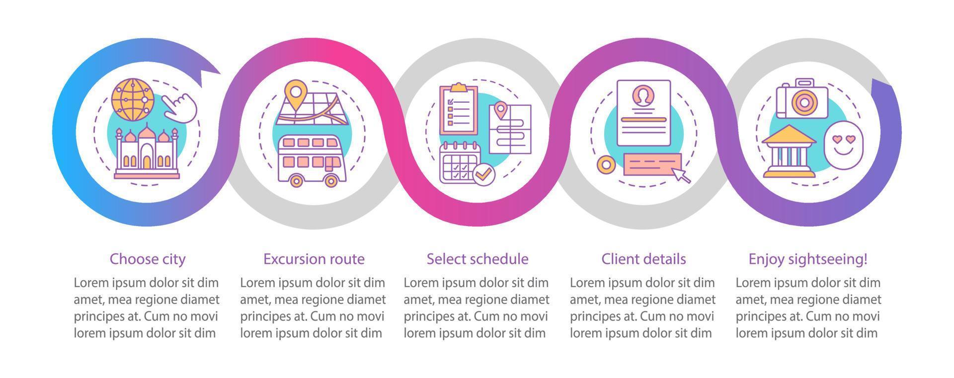 Excursion vector infographic template. Tourism, showplace. City route event. Business presentation design elements. Data visualization with five steps, options. Process timeline chart. Workflow layout