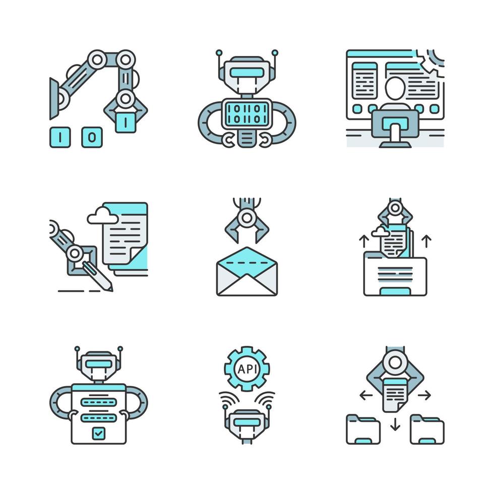 RPA color icons set. Robotic process automation benefits. Development and using clerical process automation technology. Automate workflows. Isolated vector illustrations