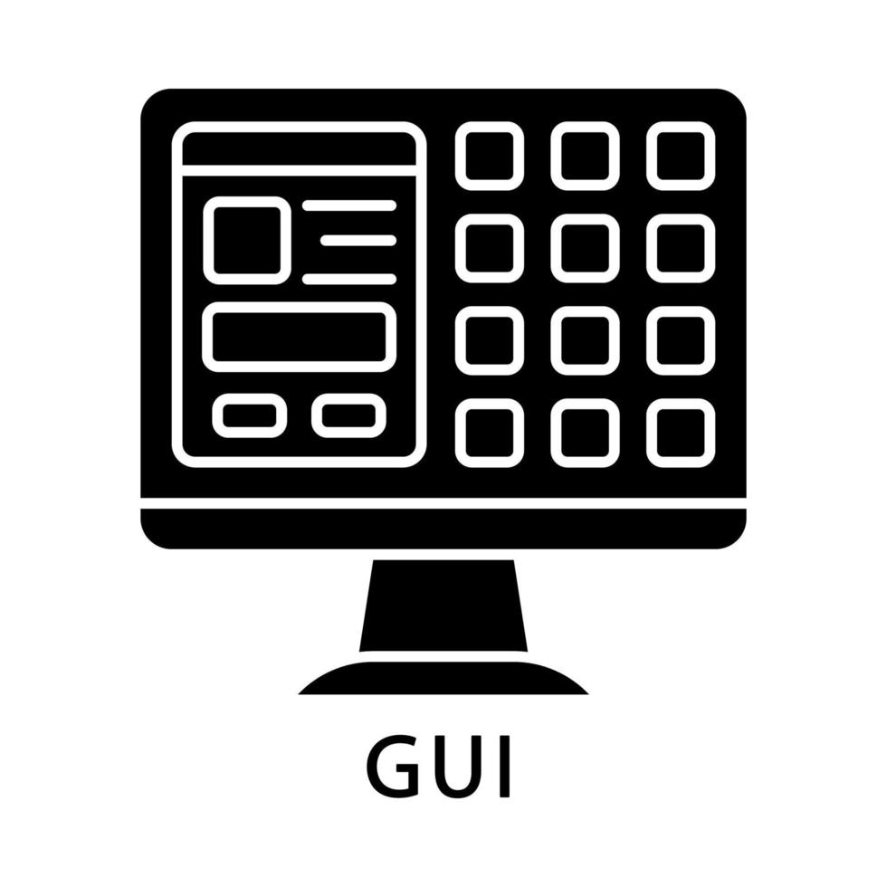 GUI glyph icon. Graphical user interface. Graphical desktop environment. Computer monitor. Silhouette symbol. Negative space. Vector isolated illustration