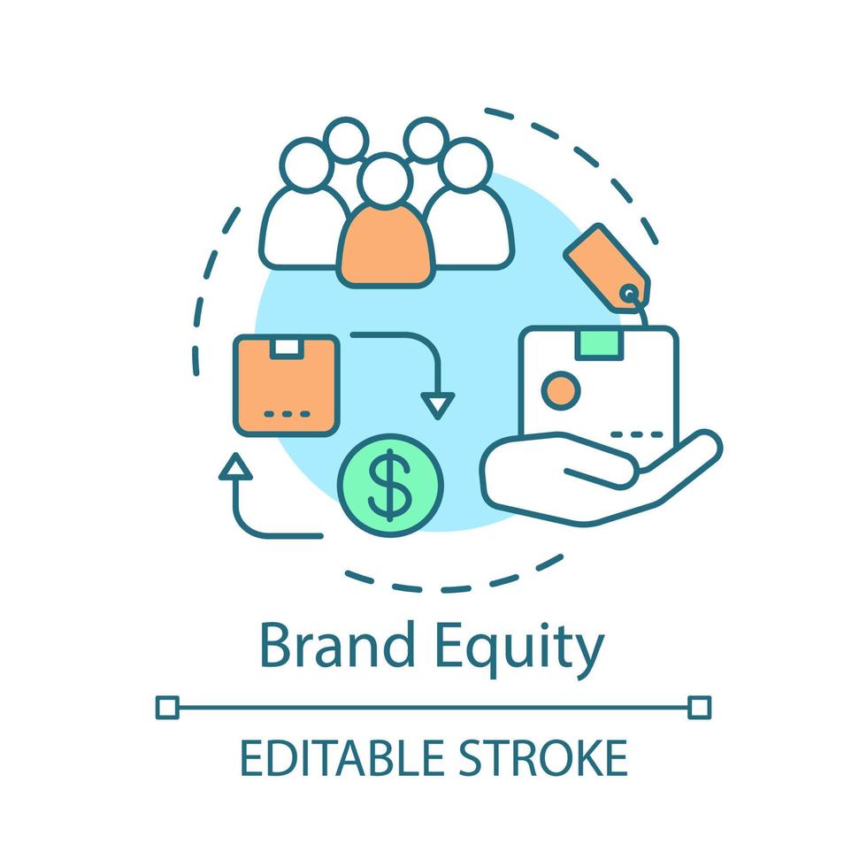 Brand equity concept icon. Brand management idea thin line illustration. Strategy analysis. Company products, services added value. Vector isolated outline drawing. Editable stroke