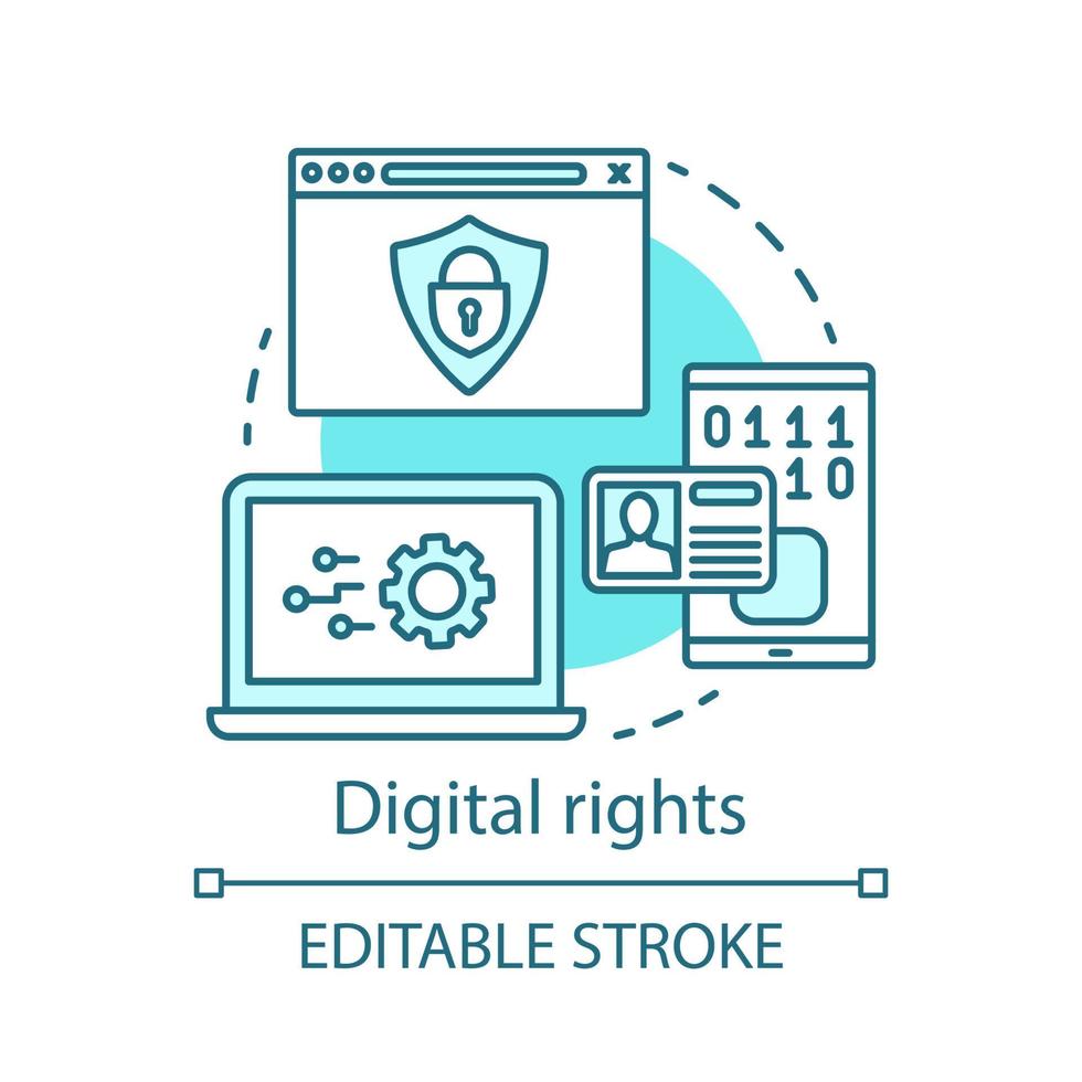 Digital rights concept icon. Intellectual property protection idea thin line illustration. Cyber security. Copyright infringement. Internet hacking. Vector isolated outline drawing. Editable stroke