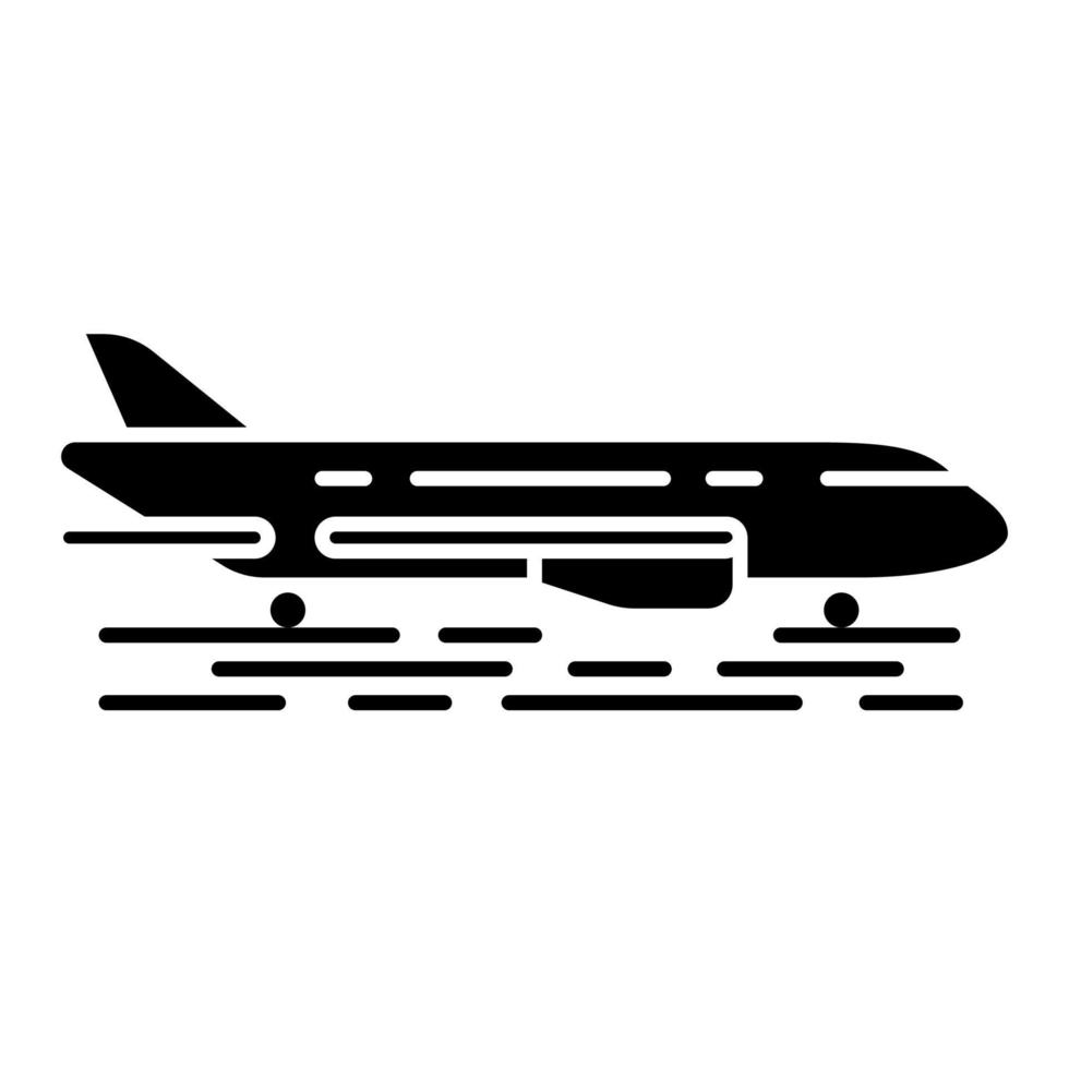 Plane on ground glyph icon. Jet runway. Airplane landing strip. Air terminal. Aviation service. Aircraft travel. Airliner journey. Silhouette symbol. Negative space. Vector isolated illustration