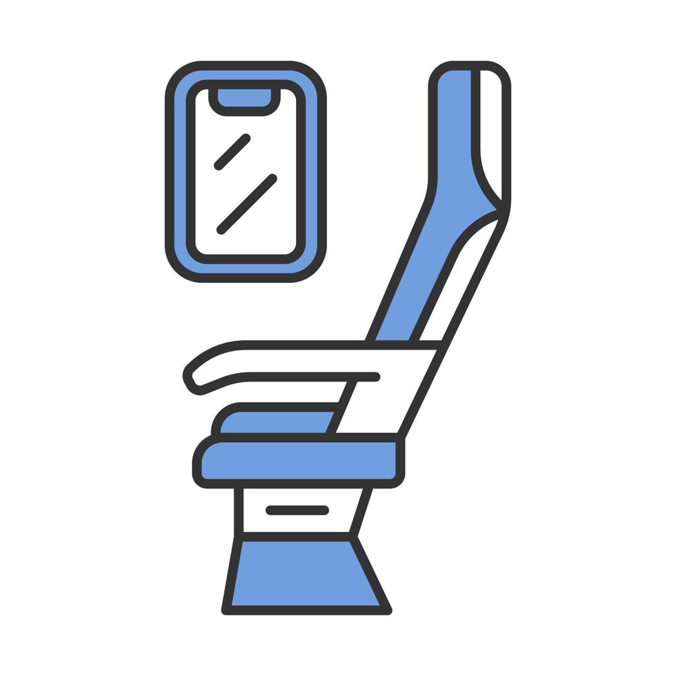 Passenger seat color icon. Airplane comfortable seating. Jet window. Plane salon. Aviation service. Aircraft cabin. Journey amenity. Airline facilities. Isolated vector illustration