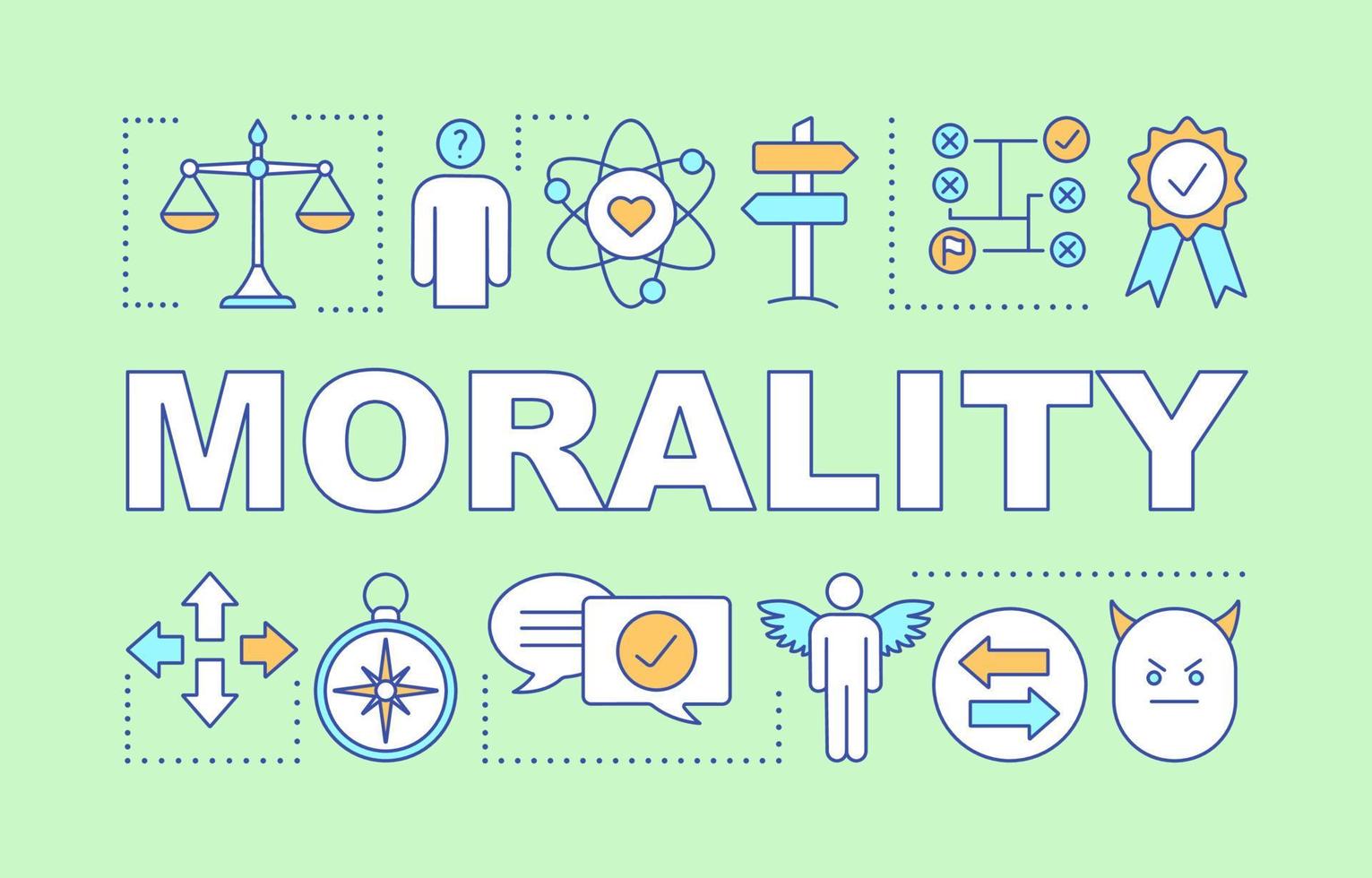 Morality word concepts banner. Reliability, honesty. Business ethics. Moral dilemma resolving. Presentation, website. Isolated lettering typography idea with linear icons. Vector outline illustration