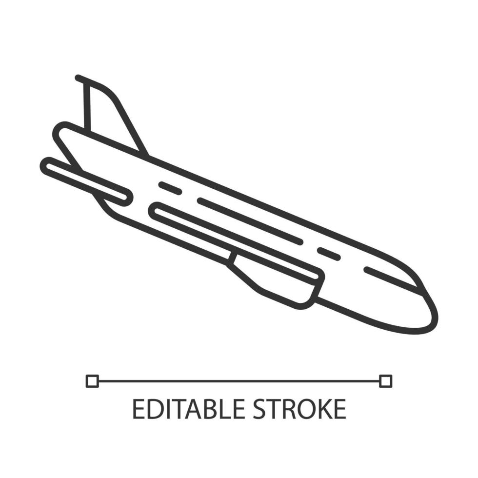 Plane flying down linear icon. Airplane put-down. Jet lowers altitude. Air terminal. Aviation service. Thin line illustration. Contour symbol. Vector isolated outline drawing. Editable stroke