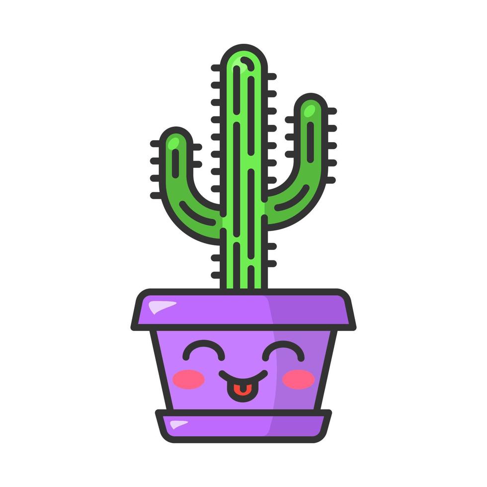 Saguaro cute kawaii vector character. Cactus with smiling face. Embarrassed home cacti with tongue out. Flushed tropical plant in pot. Funny emoji, emoticon. Isolated cartoon color illustration