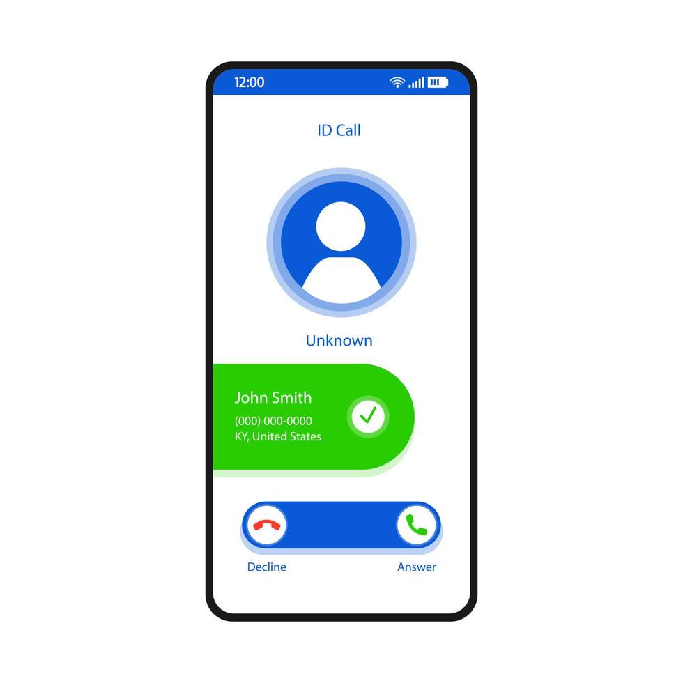 ID call smartphone interface vector template. Mobile app page white design layout. Unknown number, caller identification, spoofing screen. Flat UI for application. Spam blocking feature. Phone display