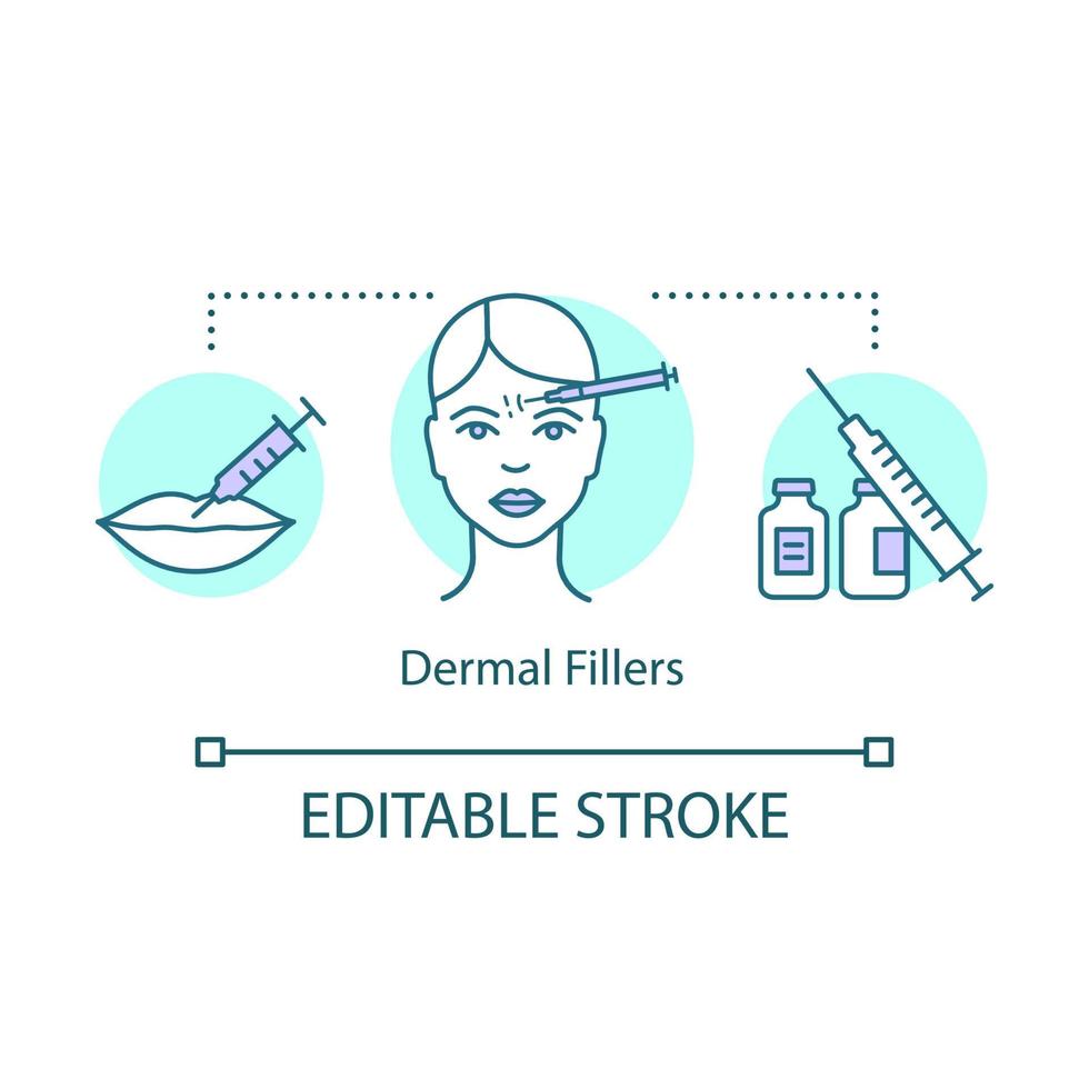 Dermal fillers concept icon. Injected substances idea thin line illustration. Cosmetic surgery. Non-surgical procedure. Facial rejuvenation treatment. Vector isolated outline drawing. Editable stroke