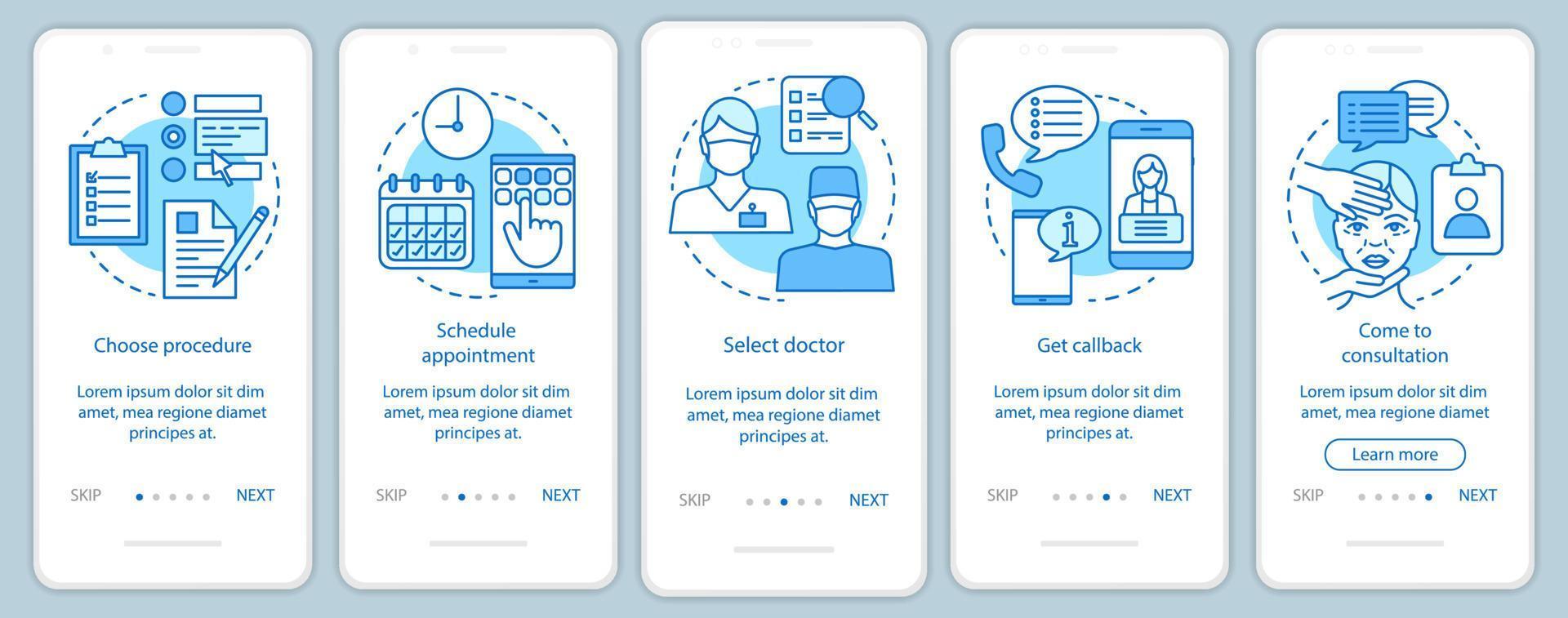 Plastic surgery center onboarding mobile app page screen with linear concepts. Five walkthrough steps graphic instructions. Schedule appointment. UX, UI, GUI vector template with illustrations