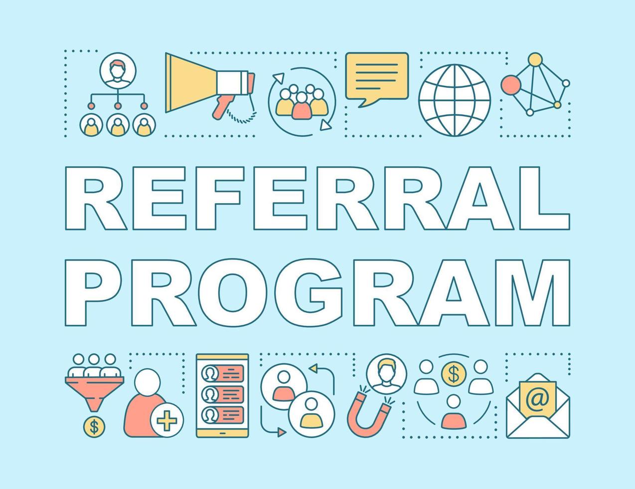 Referral program word concepts banner. Viral, influencer marketing tools. Customer attraction strategy. Isolated lettering typography idea, linear icons. Vector outline illustration