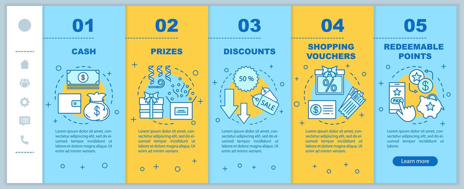 Referral rewards onboarding mobile web pages vector template. Responsive smartphone website interface idea with linear illustrations. Webpage walkthrough step screens. Color concept
