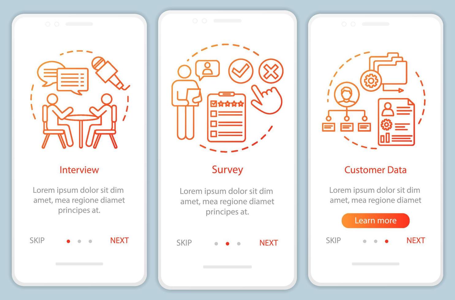 Métodos de perfil de clientes Plantilla de vector de pantalla de página de aplicación móvil de incorporación de degradado naranja. paso a paso del sitio web con ilustraciones lineales. concepto de interfaz de teléfono inteligente ux, ui, gui