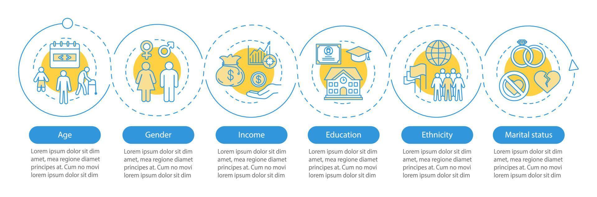 Demographics vector infographic template. Business presentation design elements. Data visualization with 6 steps and options. Process timeline chart. Workflow layout with linear icons