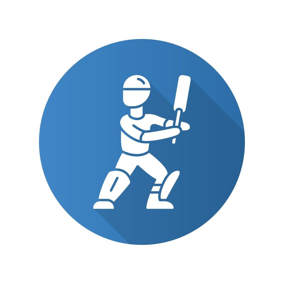 icono de glifo de sombra larga de diseño plano de jugador de cricket. bateador listo para luchar fuera del campo. jugador de cricket en uniforme, almohadillas para las piernas con bate. concurso deportivo, torneo. juego de equipo. ilustración de silueta de vector