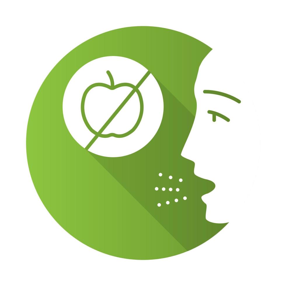 Fruits allergy flat design long shadow glyph icon. Food intolerance. Human allergic to apples. Cause of itching, blisters in mouth. Restrictive diet. Medical problem. Vector silhouette illustration