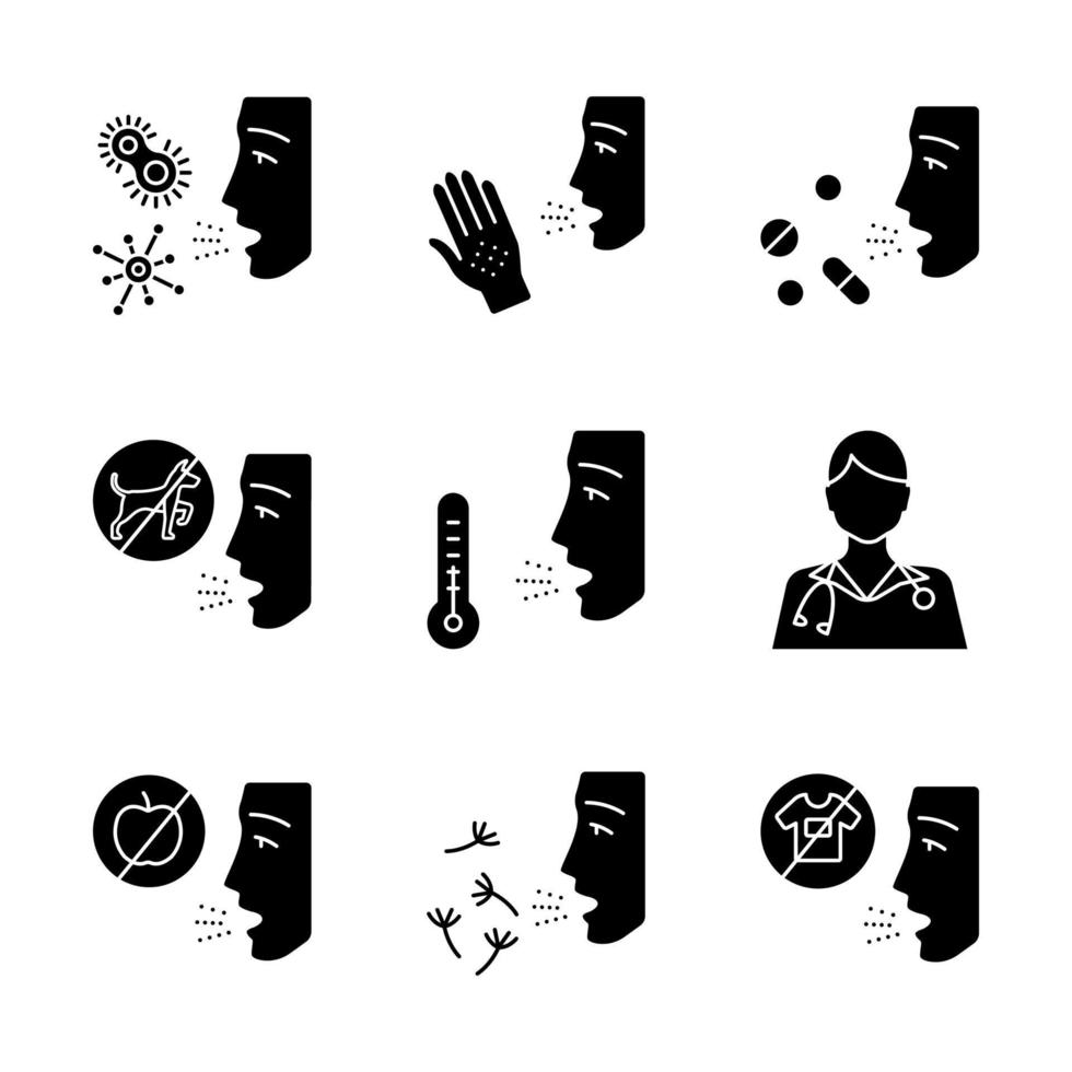 Allergies glyph icons set. Contact, food, respiratory diseases. Allergen sources. Diagnosis and medication. Hypersensitivity of immune system. Silhouette symbols. Vector isolated illustration