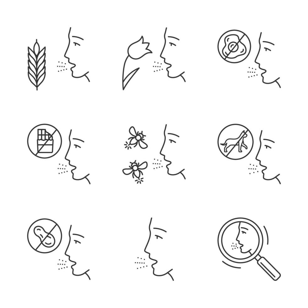 Allergies linear icons set. Food, animal, insect stings allergy, hay fever, diagnosis. Healthcare, medicine. Thin line contour symbols. Isolated vector outline illustrations. Editable stroke