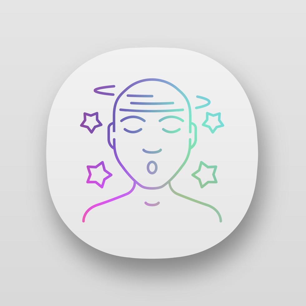 Dizziness, fatigue app icon. Headache, migraine, fever. Concussion, brain injury. UI UX user interface. Vertigo illness. Web or mobile application. Cold, flu symptom. Vector isolated illustration