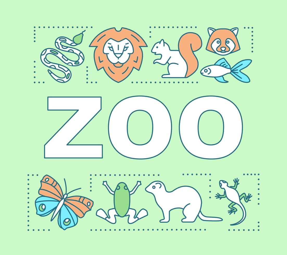 Banner de conceptos de palabra de zoológico. tiempo en familia juntos. parque de animales. colección de animales salvajes. presentación, sitio web. idea de tipografía de letras aisladas con iconos lineales. ilustración de contorno vectorial vector