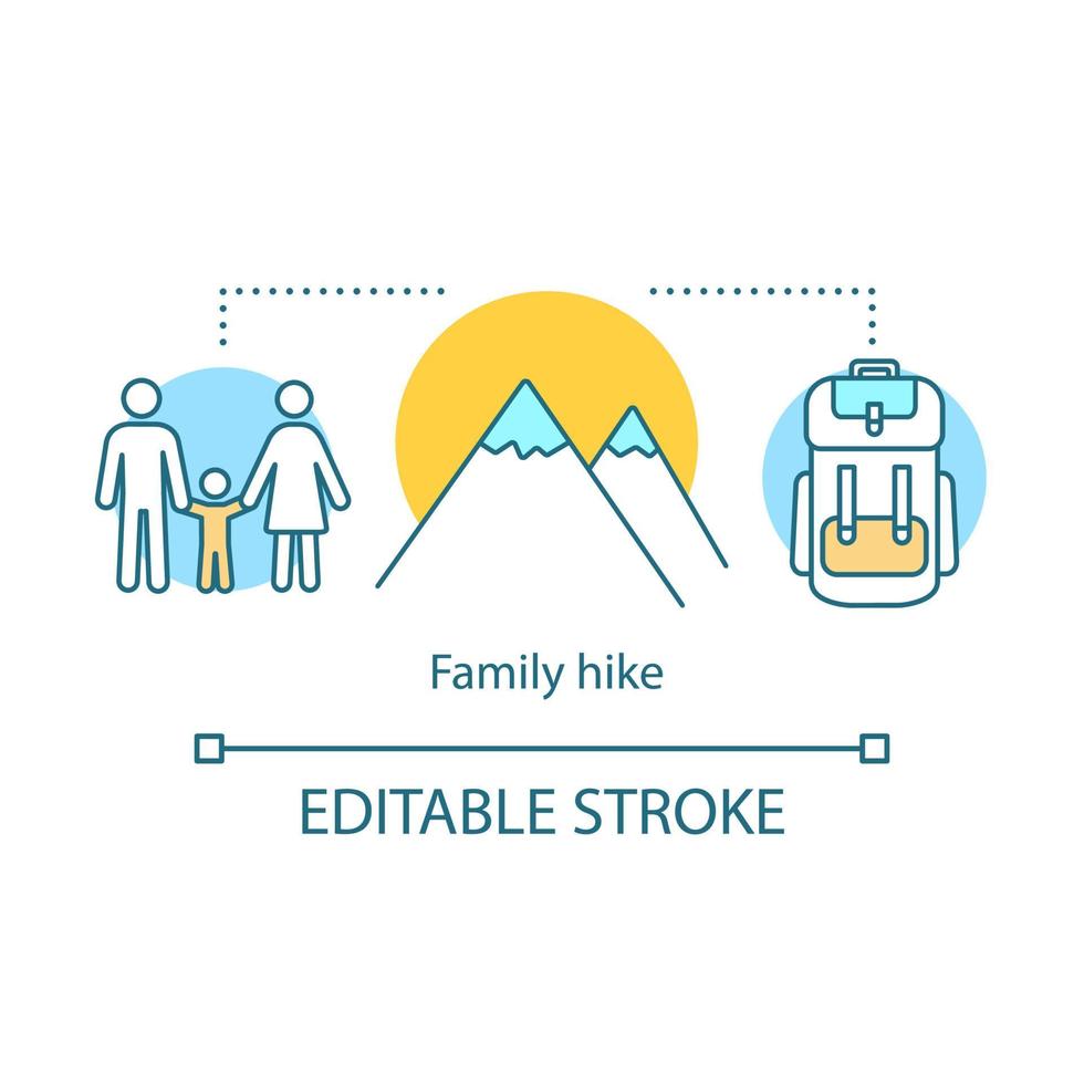 Family hike concept icon. Time together idea thin line illustration. Family trip. Strengthening family bonding. Tourist route. Healthy exercise. Vector isolated outline drawing. Editable stroke