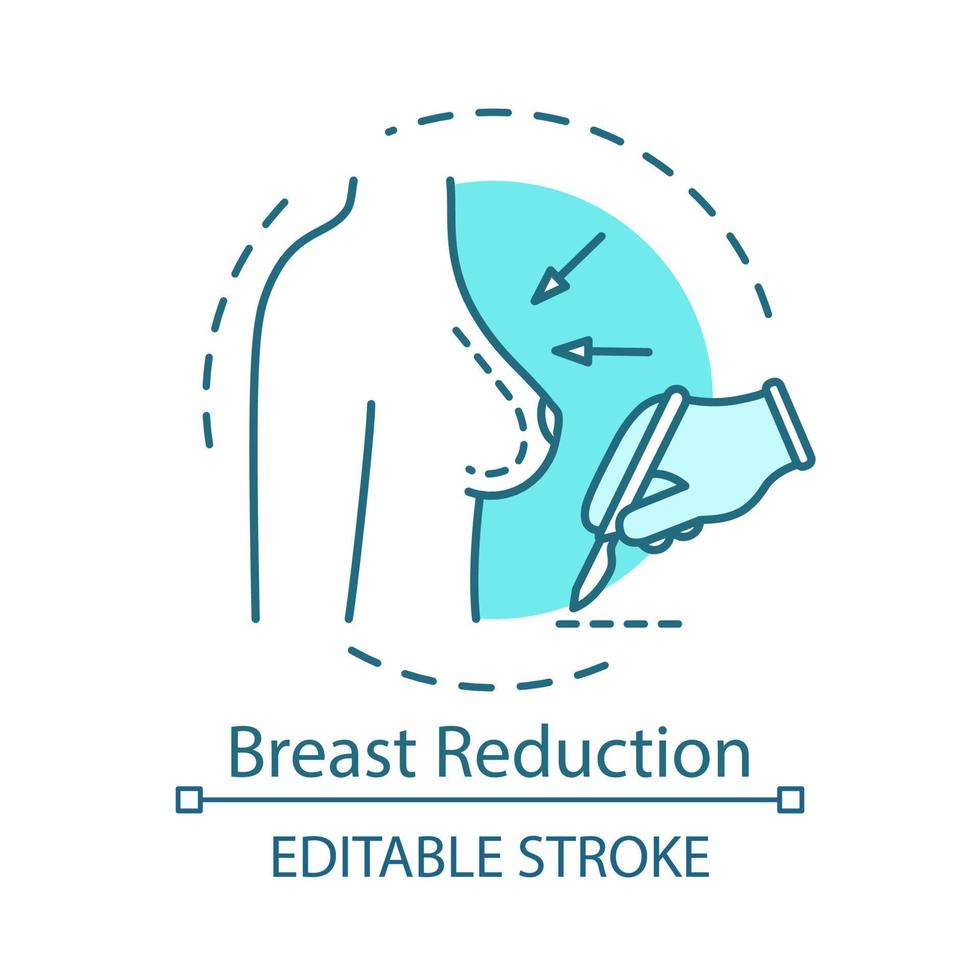 Breast reduction concept icon. Mammoplasty procedure idea thin line illustration. Boob job. Plastic surgery. Aesthetically breast. Vector isolated outline drawing. Editable stroke